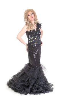Full length portrait of drag queen. Man dressed as Woman, isolated on white background