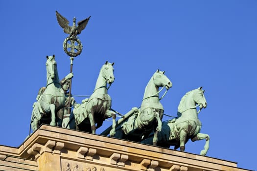 The quadriga on the Brandenburg Gate in Berlin, Germany.