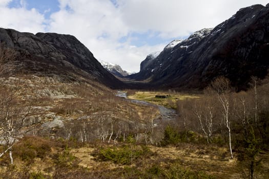 cottage in the mountains of norway with river and birch trees