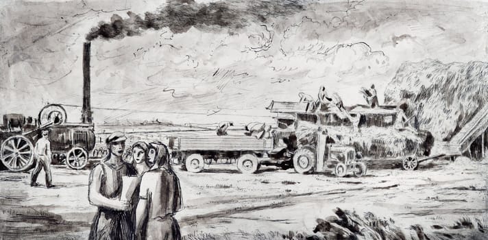 Harvest Time - Social Realism - drypoint on paper, 43x17 cm