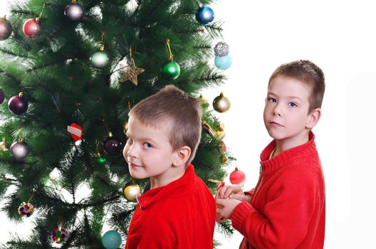 two little boys brothers decorating christmas tree, looking at camera, horizontal shot