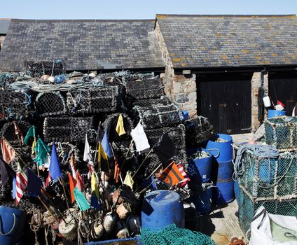 Lobster pots in a fishing village in Cornwall