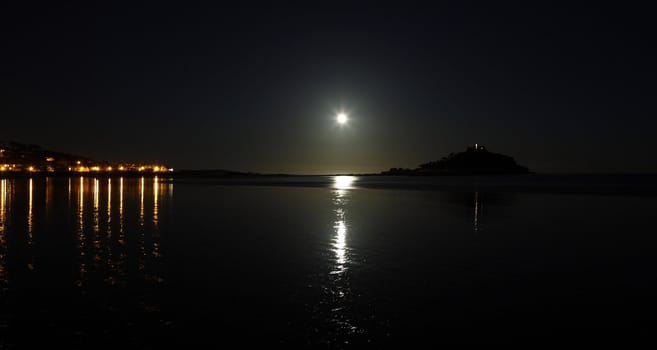 Night shot in the South of England with the moon reflecting on the still sea