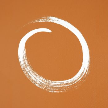 White circle painted on orange background. Brush stroke texture.