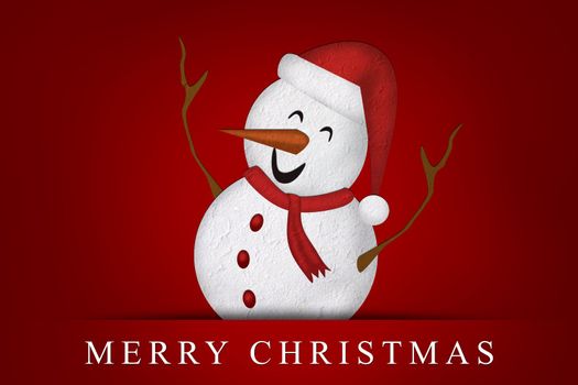 Merry Christmas, Mulberry paper Christmas Snowman and red background.