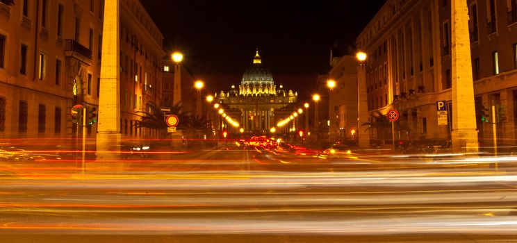 famous basilica of San Pietro illuminated at night