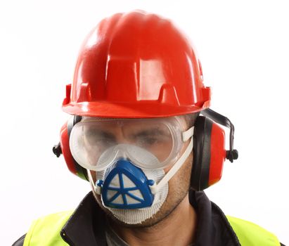 worker with red helmet and mask over white 