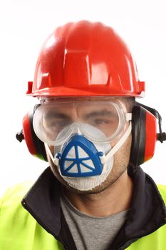 worker with red helmet and mask over white 