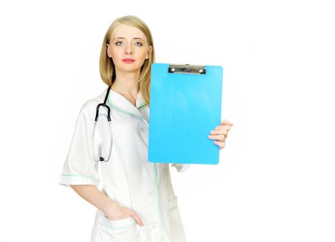 Medical sign. Young woman doctor / nurse showing empty blank clipboard sign with copy space for text. Female model isolated over white background.