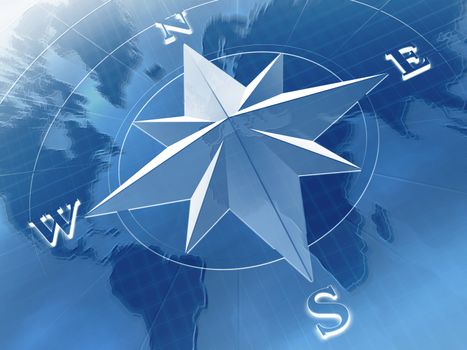 Compass rose on  background of world map