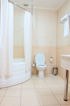 Hotel bathroom with toilet and shower