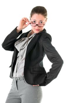 Attractive interested young woman is looking over glasses isolated on white background