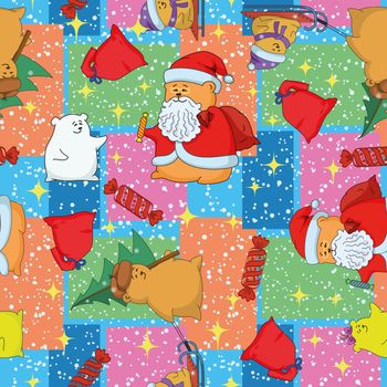 Christmas cartoon seamless background for holiday design with toys characters