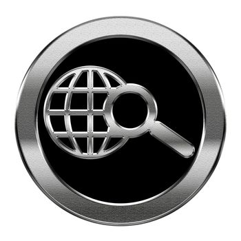 globe and magnifier icon silver, isolated on white background.