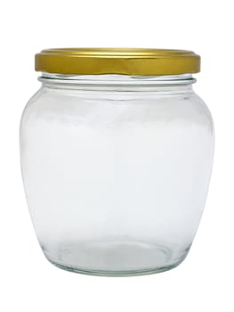 an empty glass jar with metal lid isolated on white background