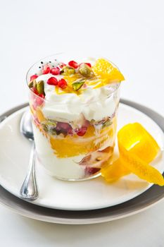 Varieties of fruits and nut with Greek yogurt [Orange,Peach,Pomegranate,Dragon fruit]