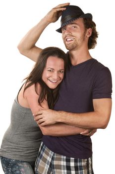 Happy European couple embracing over isolated background