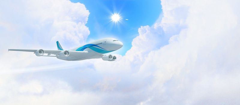 White passenger plane flying in the blue sky with white clouds around