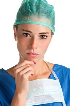 Young female surgeon with scrubs, thinking, on a white background