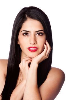 Face of a beautiful woman with long black hair and red lipstick, isolated.