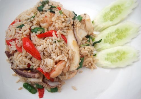 Fried Rice with Seafood and Hot Basil on dish