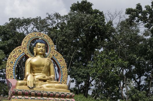sitting golden buddha with trees in background. kathmandu, nepal, asia