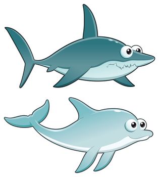 Dolphin and Shark. Funny cartoon and vector isolated characters.

