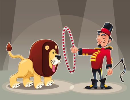 Lion Tamer with lion. Funny cartoon and vector circus illustration.

