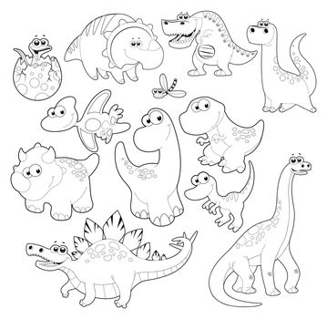 Dinosaurs Family. Vector isolated black and white characters.

