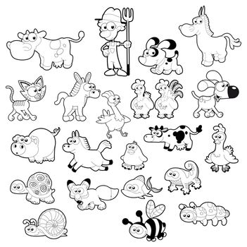 Farm animal family. Vector isolated black and white characters.

