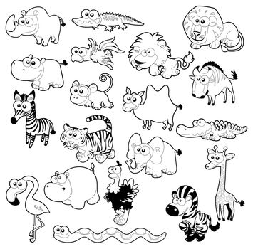 Savannah animal family. Vector isolated black and white characters.