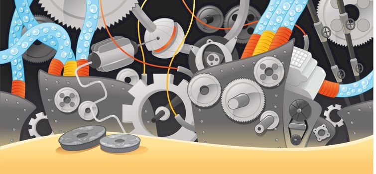 Various types of mechanisms. Funny cartoon and vector illustration.
