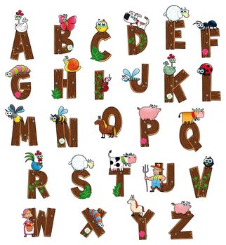 Alphabet with animals and farmers. Funny cartoon and vector isolated letters.