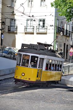 The famous line 28 tram in Lisbon, Portugal
