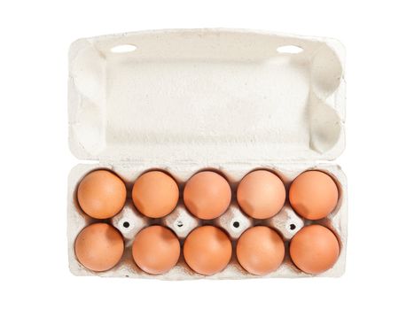 Ten brown eggs in open carton package to isolate the background