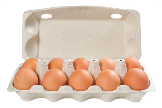 Ten brown eggs in carton package to isolate the background
