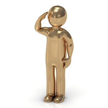 3D gold man soldier salutes. Character figurine