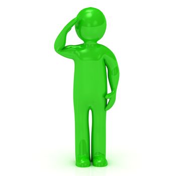 3D green man soldier salutes on white background