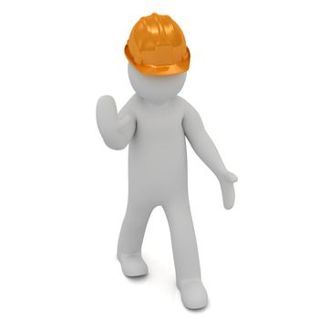 3D man in an orange construction helmet stops traffic
