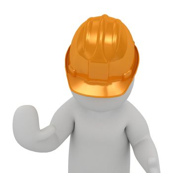 3D man in an orange construction helmet prevents move on and stop all hand raised. Abstract illustration isolated on white background