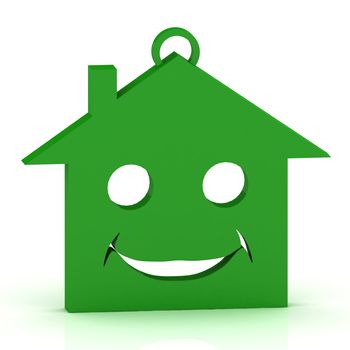 Keychain green house with a beautiful smile on white background