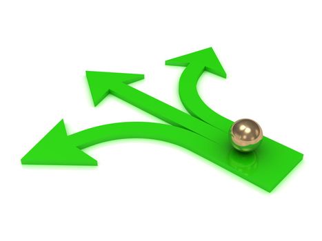 Gold ball at the intersection of three green arrows on white background