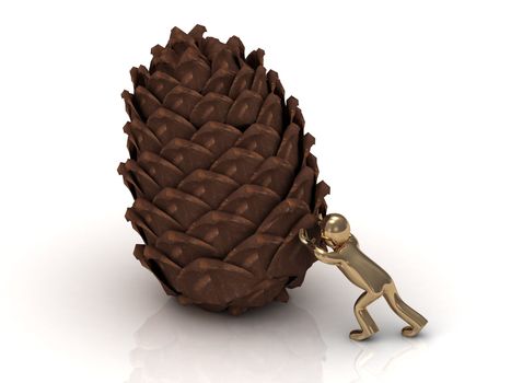 Golden 3D man pushes pine cones for the New Year holiday. Abstract illustration on a white background