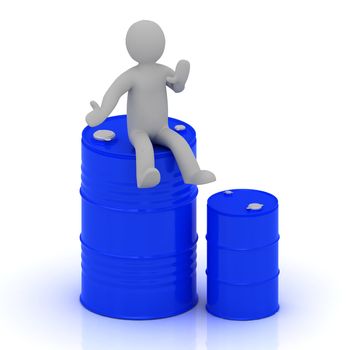 3D small man is sitting on a blue barrel with oil and standing beside a blue barrel less