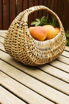 Fresh apricots in basket over wooden table