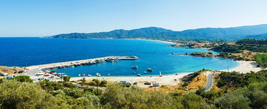 Panorama of beautiful beach lagoon in the coast of Halkidiki, Greece.