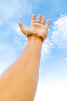 Hand and finger isolated on blue sky