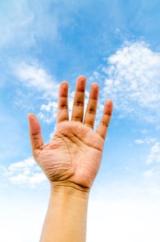 Hand and finger isolated on blue sky