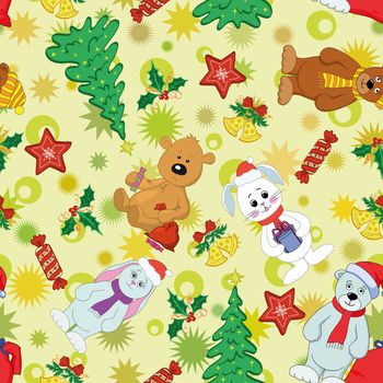 Christmas cartoon seamless background for holiday design with toys characters