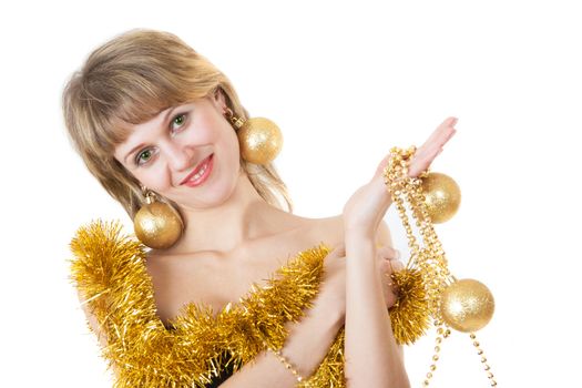 girl with tinsel and Christmas balls